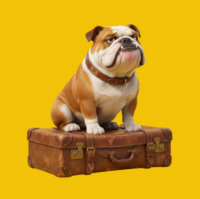 Boycotting Bulldog sitting on a vintage suitcase